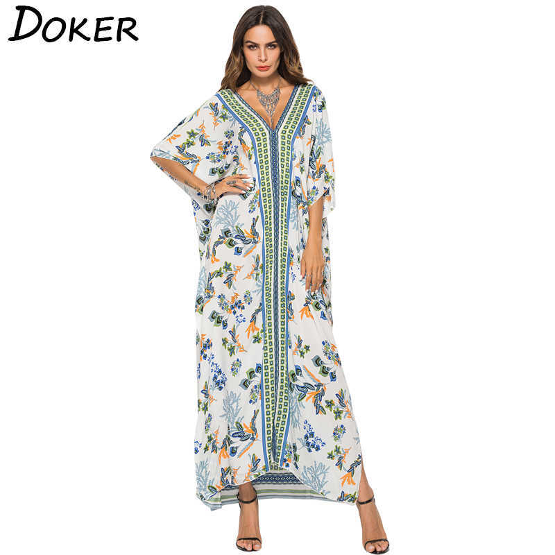 

Women Print Summer Beach Long Dresses V-Neck fashion Bat Sleeve Bohemian Loose Maxi Female Casual 210604