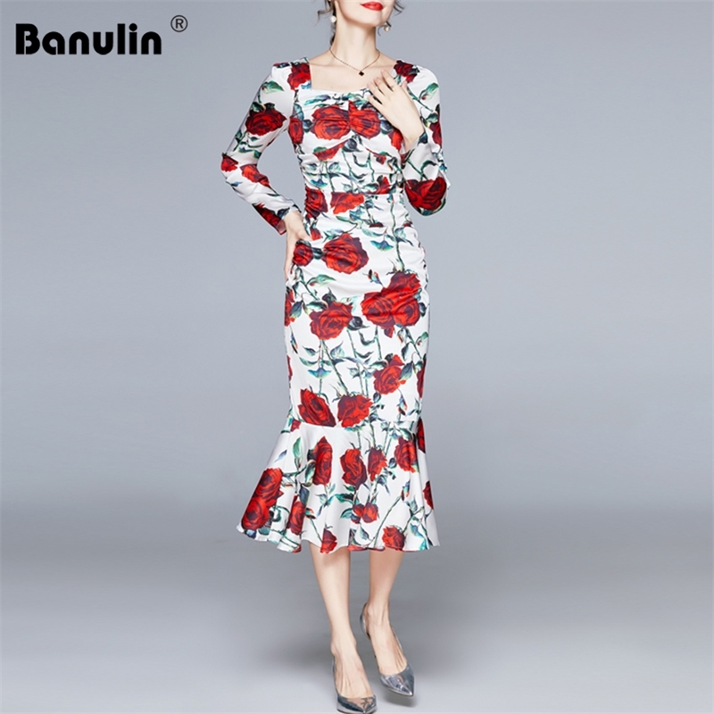 

Banulin Spring Autumn Runway Rose Floral Pleated Mermaid Dress Women Long Sleeve Square Collar Flower Print Beach Bodycon 210603, Design and color