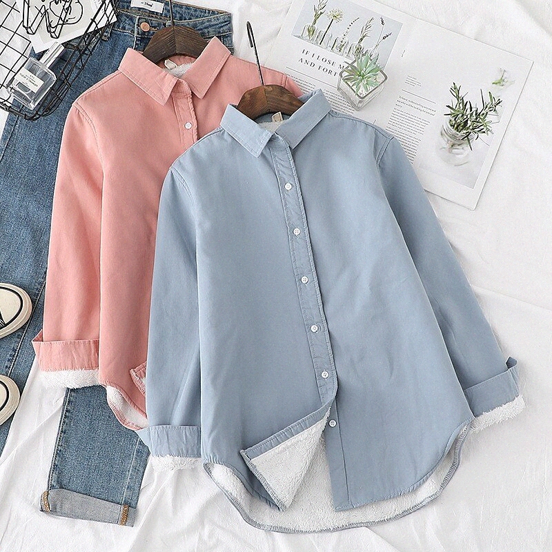 women's Fleece Lining Blouse Shacket Shirt Plain Button Shirt Collar Casual Streetwear Tops Blue Blushing Pink White j9sU#