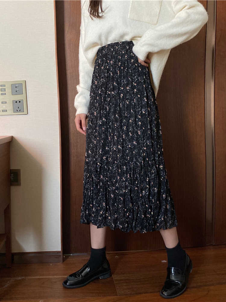 

WERUERUYU Red Floral Printing Midi Skirts High Waist A-line Skirts Womens Elastic Faldas Korean Streetwear 210608, Photo color