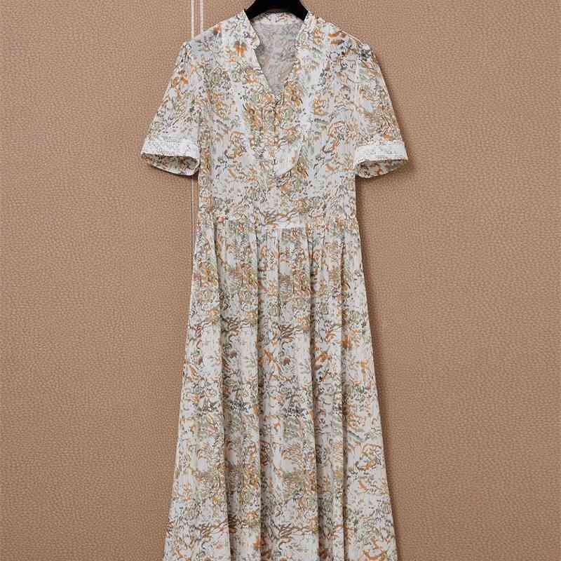 

Truevoker European Runway Fashion Cottagecor Robe Lady Short Sleeve V-neck Khaki Floral Print Midi Long Holiday Dress 210602