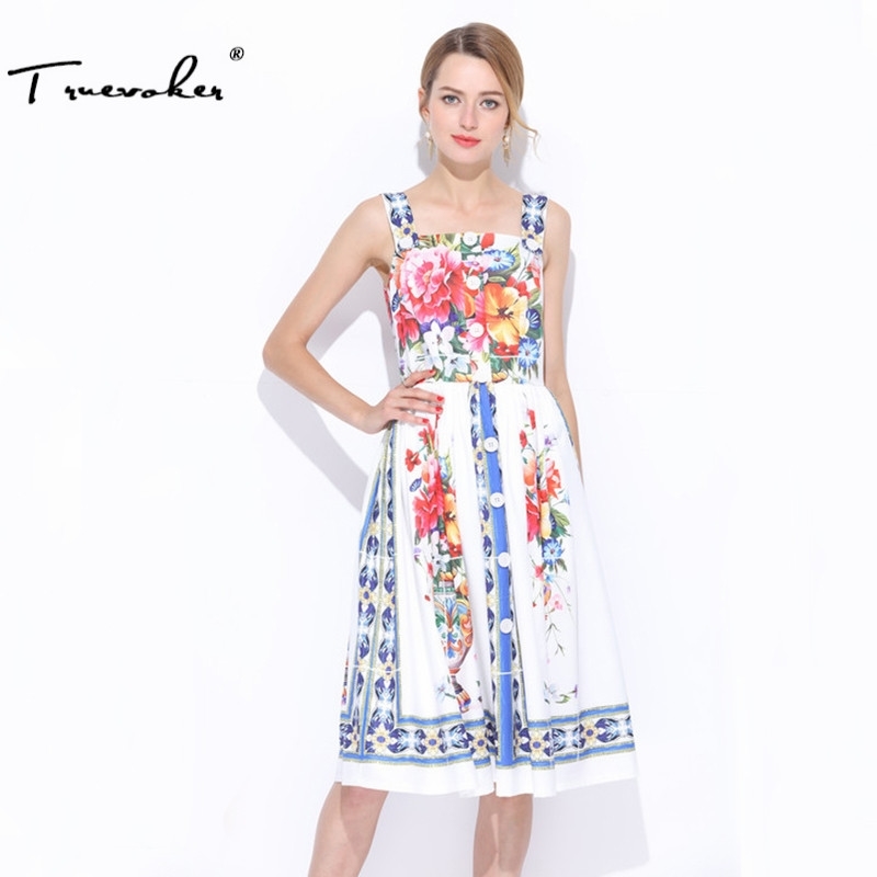

Truevoker Summer Designer Dres's Colorful Flower Printed Front Button Mid Calf Spaghetti Strap 210602, Blue