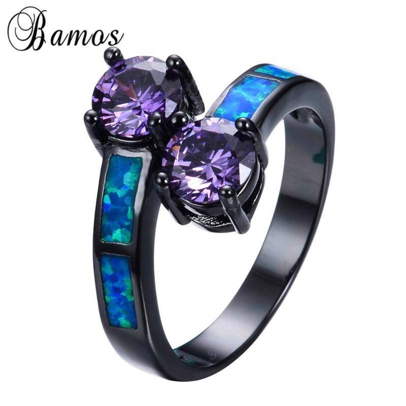 

Wedding Rings Bamos Unique Blue Fire Opal Ring Black Gold Filled Party Engagement Purple Zircon For Women Men Bijoux RB1162