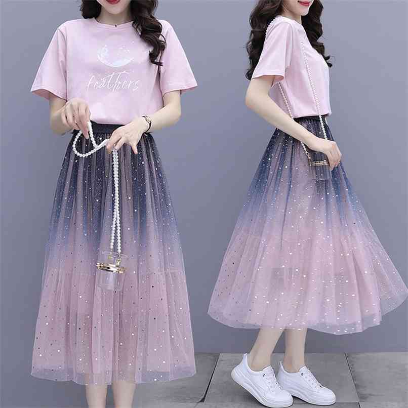 

Women Gradient color Summer Tulle Skirt Two piece Sets Printted Cotton Tshirt With Sequined Long Maxi Mesh Suits 210602, Blue
