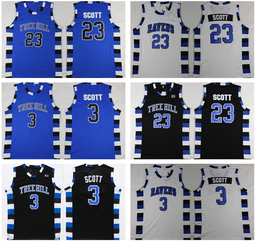 

NCAA One Tree Hill Ravens Basketball Jersey Brother Movie 3 Lucas 23 Nathan Scott Black White Blue, Black;red