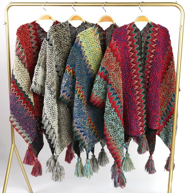 

Scarves Autumn And Winter Ethnic Wind Scarf Women's Woollen Cape Colorful Fringe Retro Knitting Bohemian Travel Thickened Female Shawl, Blue;gray
