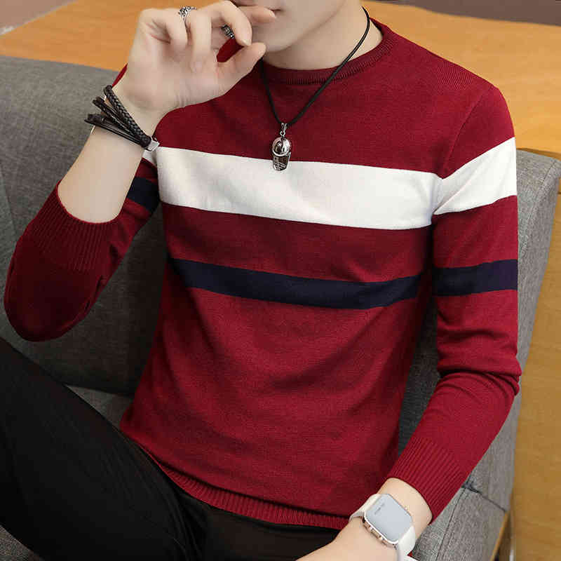 

2021 autumn men's strip sweater youth round neck thin cotton knitwear, Black