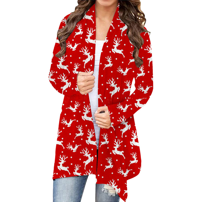 

2021 Autumn and Winter New Christmas Digital Printing Long-sleeved Mid-length Cardigan Women, Black;brown