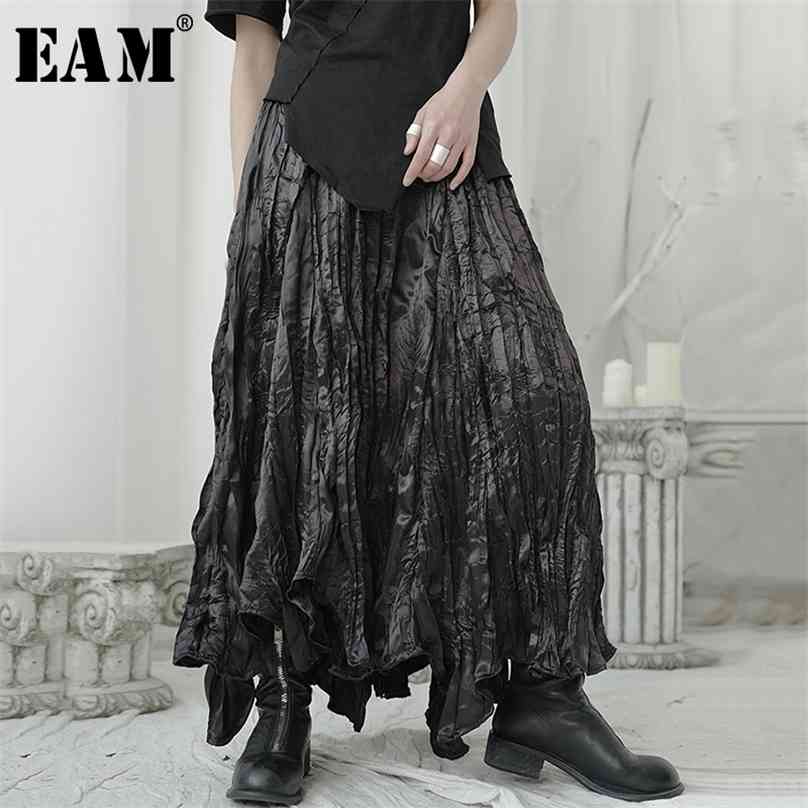 

[EAM] High Elastic Waist Black Pleated Irregular Long Temperament Half-body Skirt Women Fashion Spring Autumn 1U965 210629
