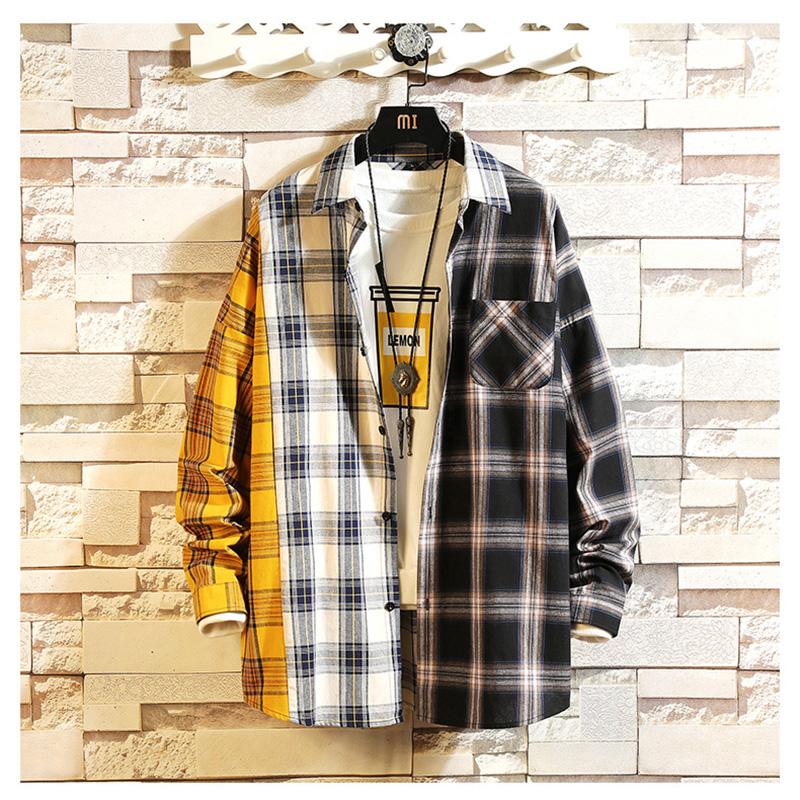 

Men Oversized Cotton Plaid Shirt 2021Man Hip Hop Patchwork Button Up Long Sleeve Couple Korean Harajuku Clothing Men's Casual Shirts, Yellow 2