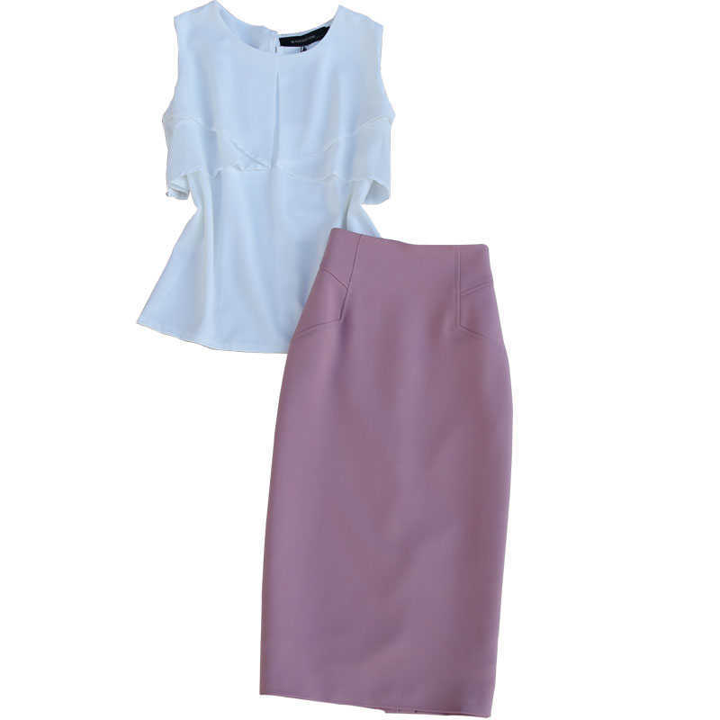 

Summer Style Korean Fashion Suit Female Sleeveless Chiffon Shirt High Waist Skirt One Step Hip 2-piece Set 210527