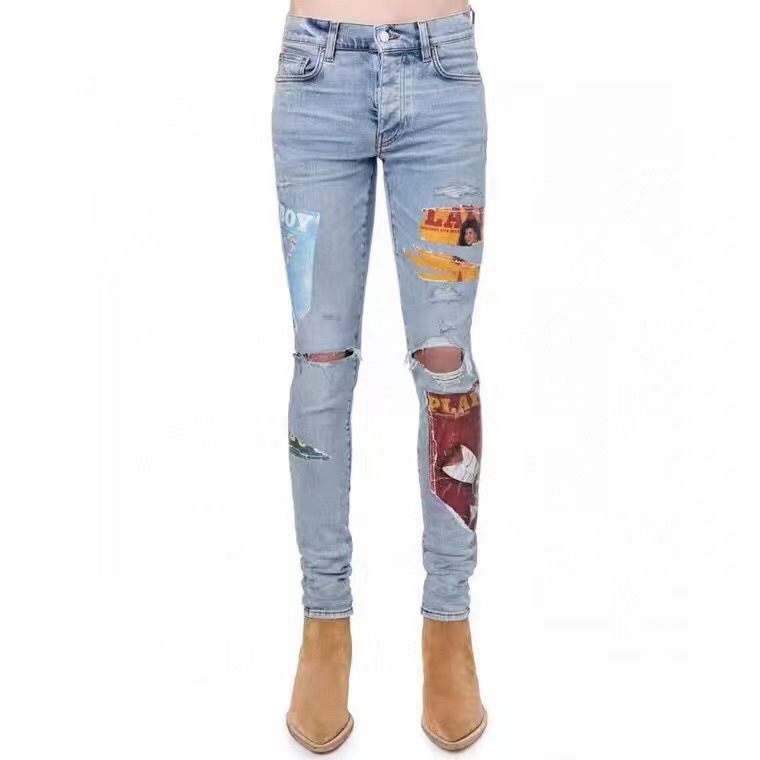 

2021a star jean miri jeans style high temperature aging hot stamping printing hole broken blue high street fashion brand SLP, Light blue