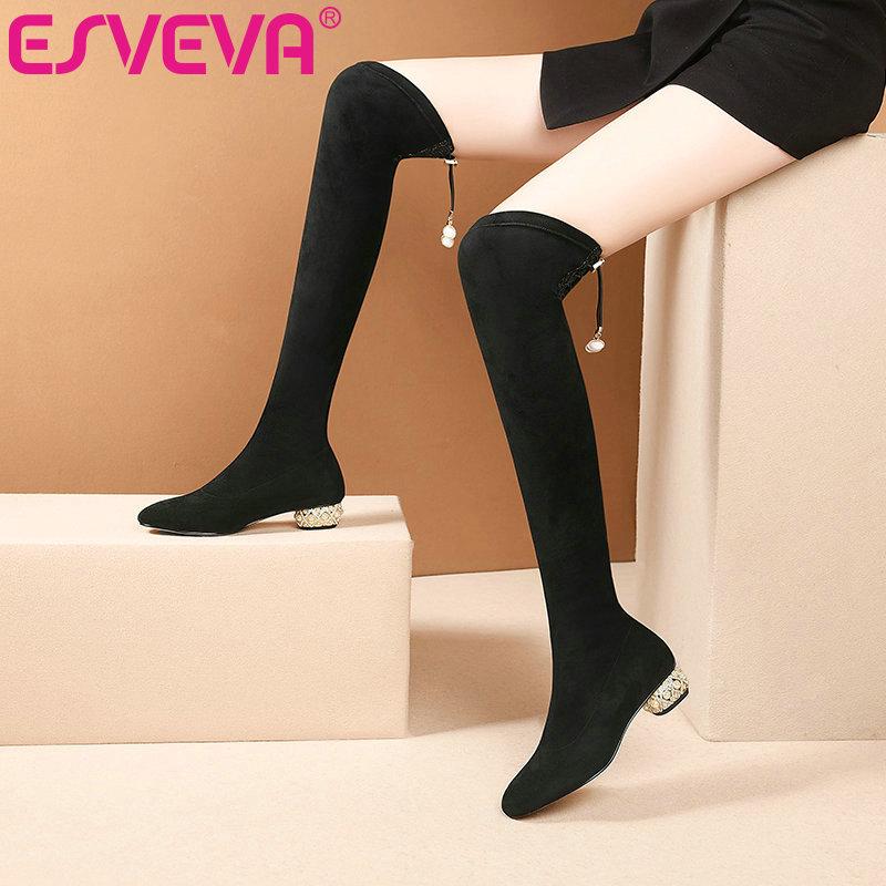 

Boots ESVEVA 2021 Crystal Square Low Heel Flock Women Shoes Pointed Toe Over The Knee Zipper Fashion Ladies Big Size 34-42, Black