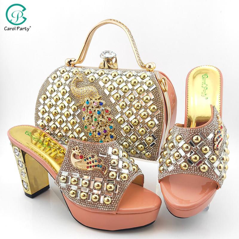 

Dress Shoes 2021 Fashion Pink Color African Est Italian Design Platform Party Ladies And Bag Set Decorated With Phoenix Metal, Black