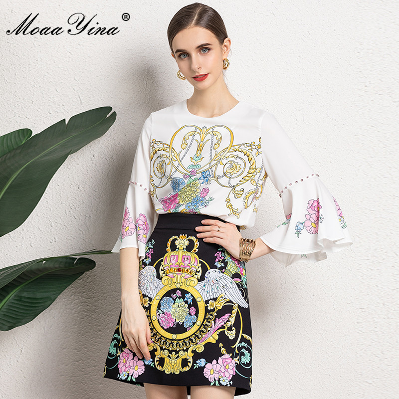 

Fashion Designer Sets Summer Women' Loose Print white Tops and High waist Black Mini Skirts Two-piece suit 210524, Multi