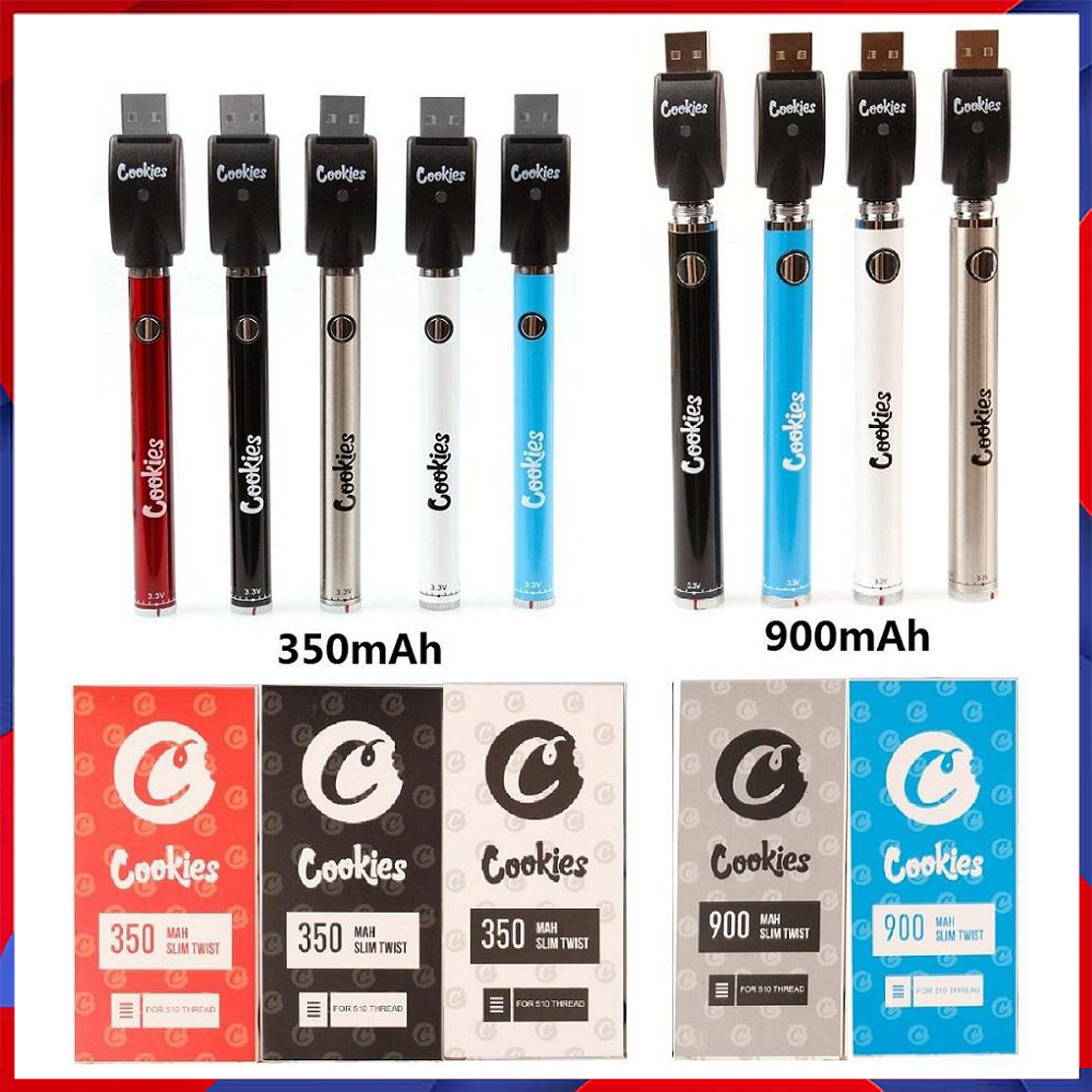 

Cookies Battery 350 900mAh Bottom Spinner 3.3-4.8V Preheat VV Cartridge Vape Batteries Pen For EGO 510 Thread Tanks Atomizer