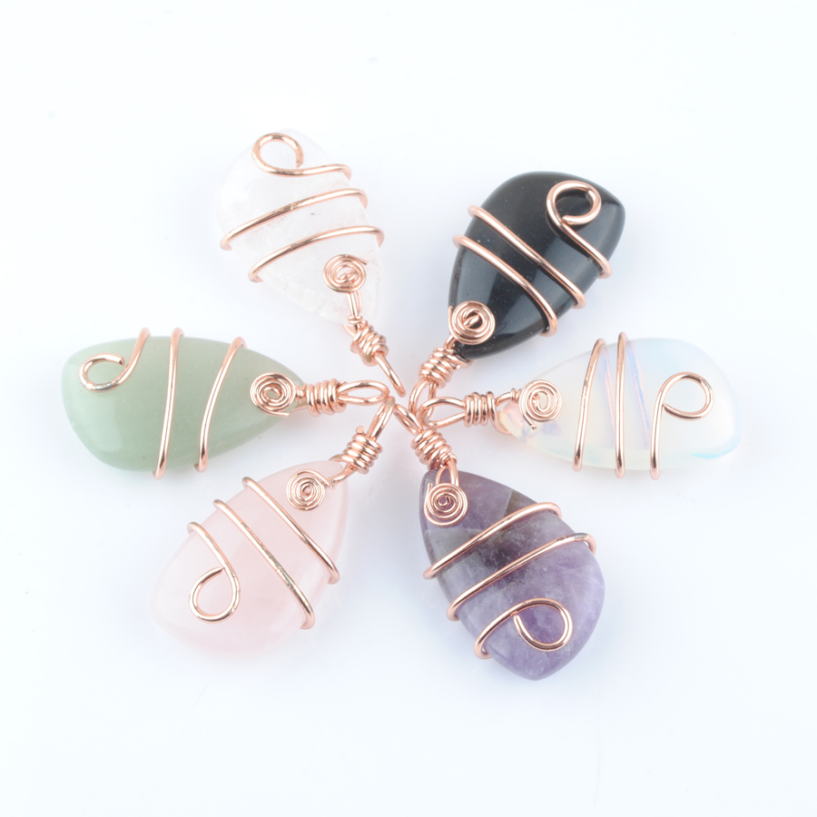 

Wholesale Natural Stone Copper Wire Wrap Pendant Irregular Geometric Bead Amethyst Crystal Opal Rose Gold Color Dangle Charms Jewelry DBN437