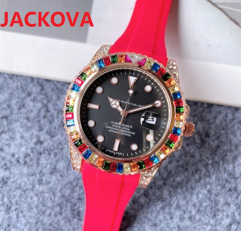 

Colorful Big rainbow ring diamonds mens womens wristwatches 41mm quartz movement rubber silicone watch Montre de Luxe Perfect Quality, As pic