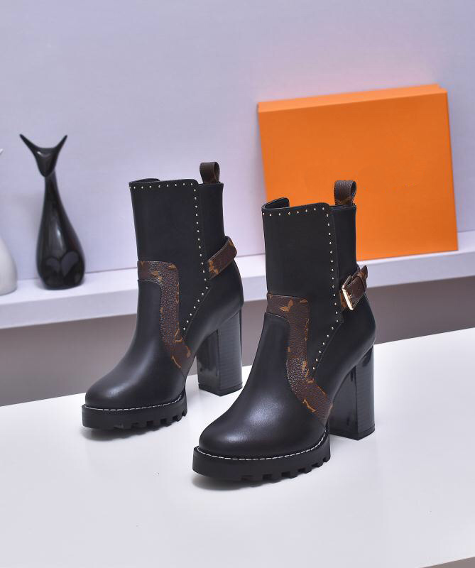 

2021 Star Trail Ankle Boot Luxury Womens Designer Chunky Heel Ankles Bootss Lace up Martin Boots Ladys Fashion Winter Booties 9.5cm, Black