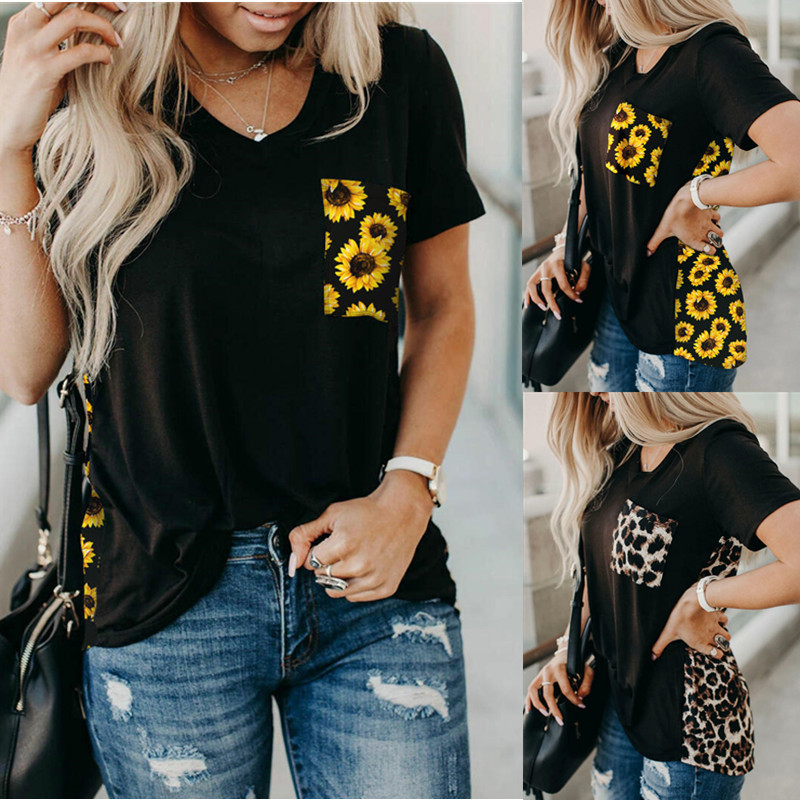 

Women's T-Shirt Summer Short-Sleeved Shirt Top Round Neck Short Sleeved Daisy Print T-shirt Women S-2XL FNM1, Sunflower