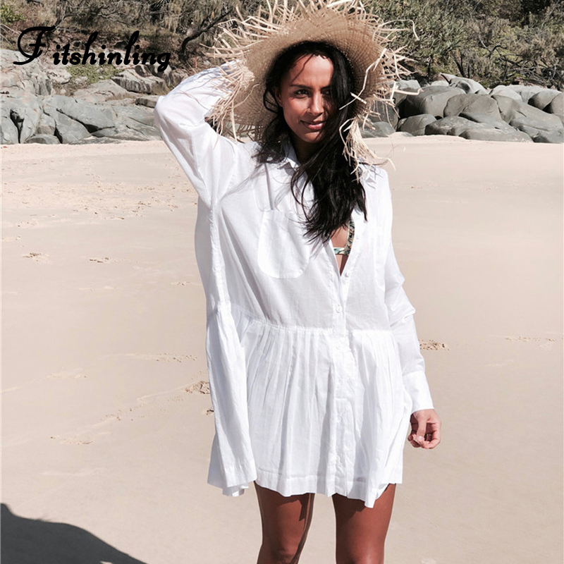 

Fitshinling Beach Shirt Dress Transparent Poets Long Sleeve White Pareos Bohemian Swimwear Holiday Sexy Hot Short Dresses Robe