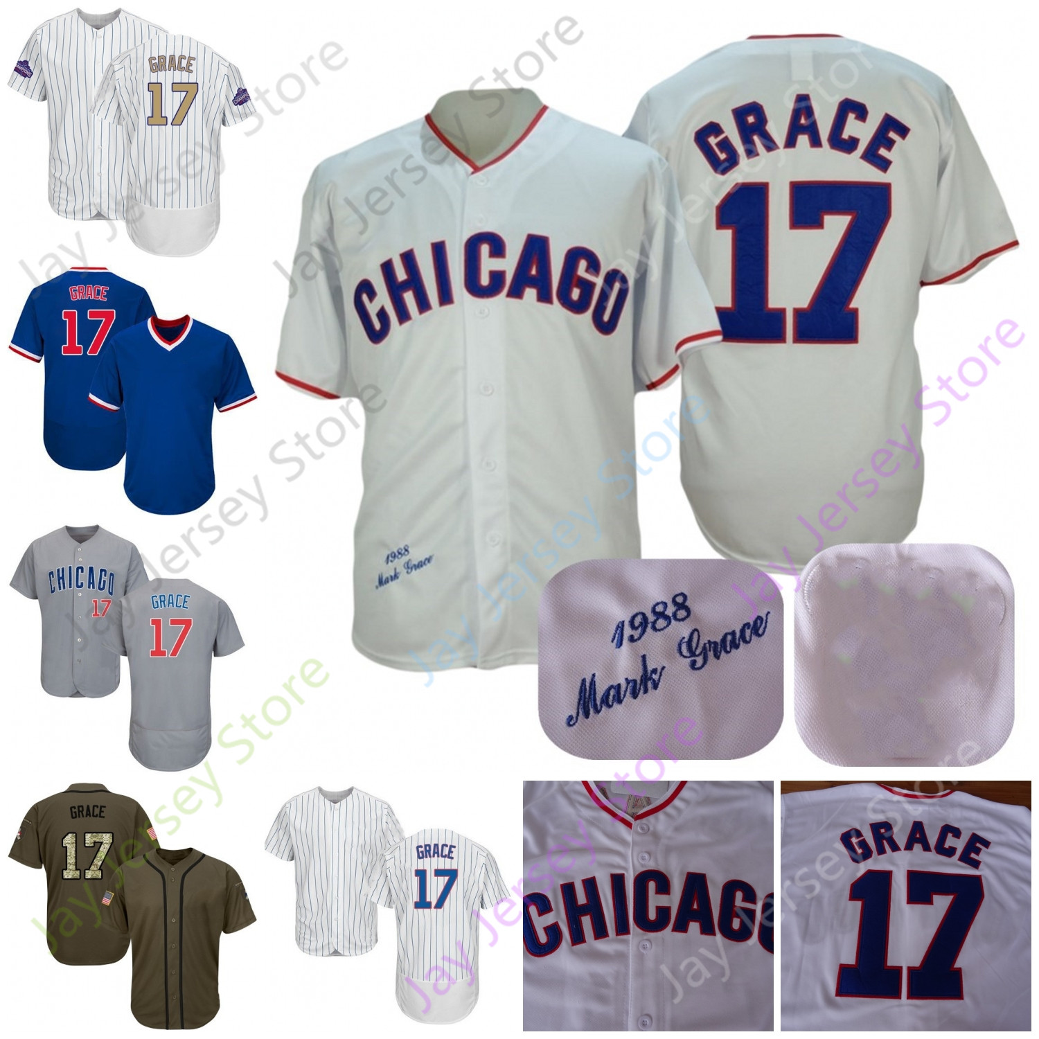 

17 Mark Grace Jersey Vintage 1988 White Cooperstown 2016 WS Gold Grey Blue Pinstripe Adult Women Size S-3XL, Salute to service