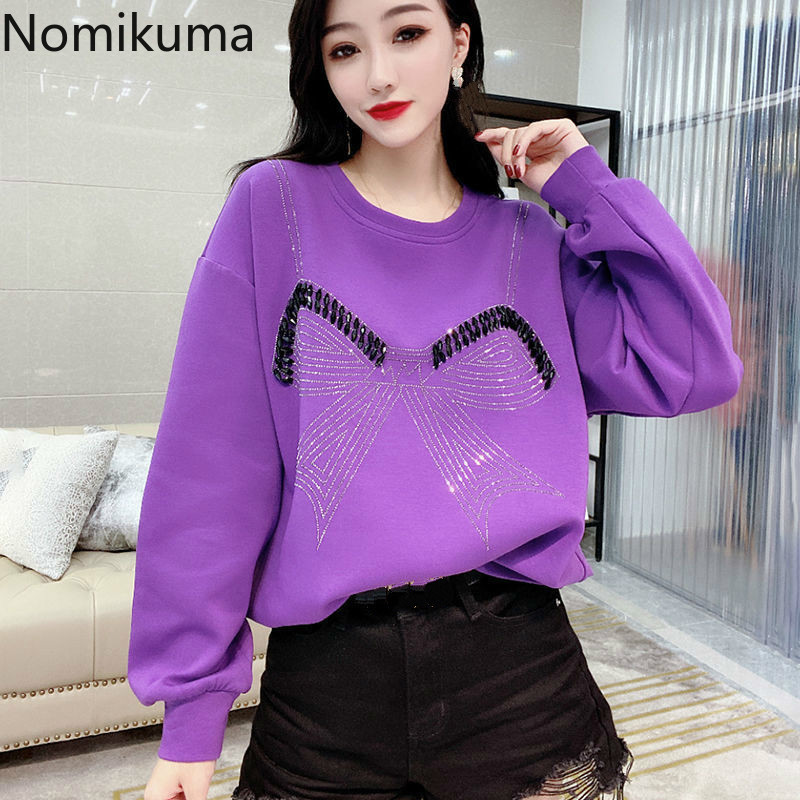 Nomikuma Korean Beads Diamond Bowknot Pullover Sweatshirt Causal Long Sleeve O-neck Hoodie Autumn Winter Women Jumper 6D220 210427