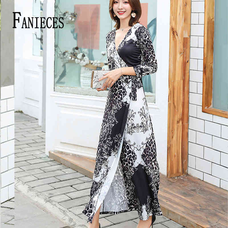 

V Neck Print Belted Wrap Casual black sexy Dress Women summer autumn Maxi long beach Vacation Ladies es ropa mujer 210520