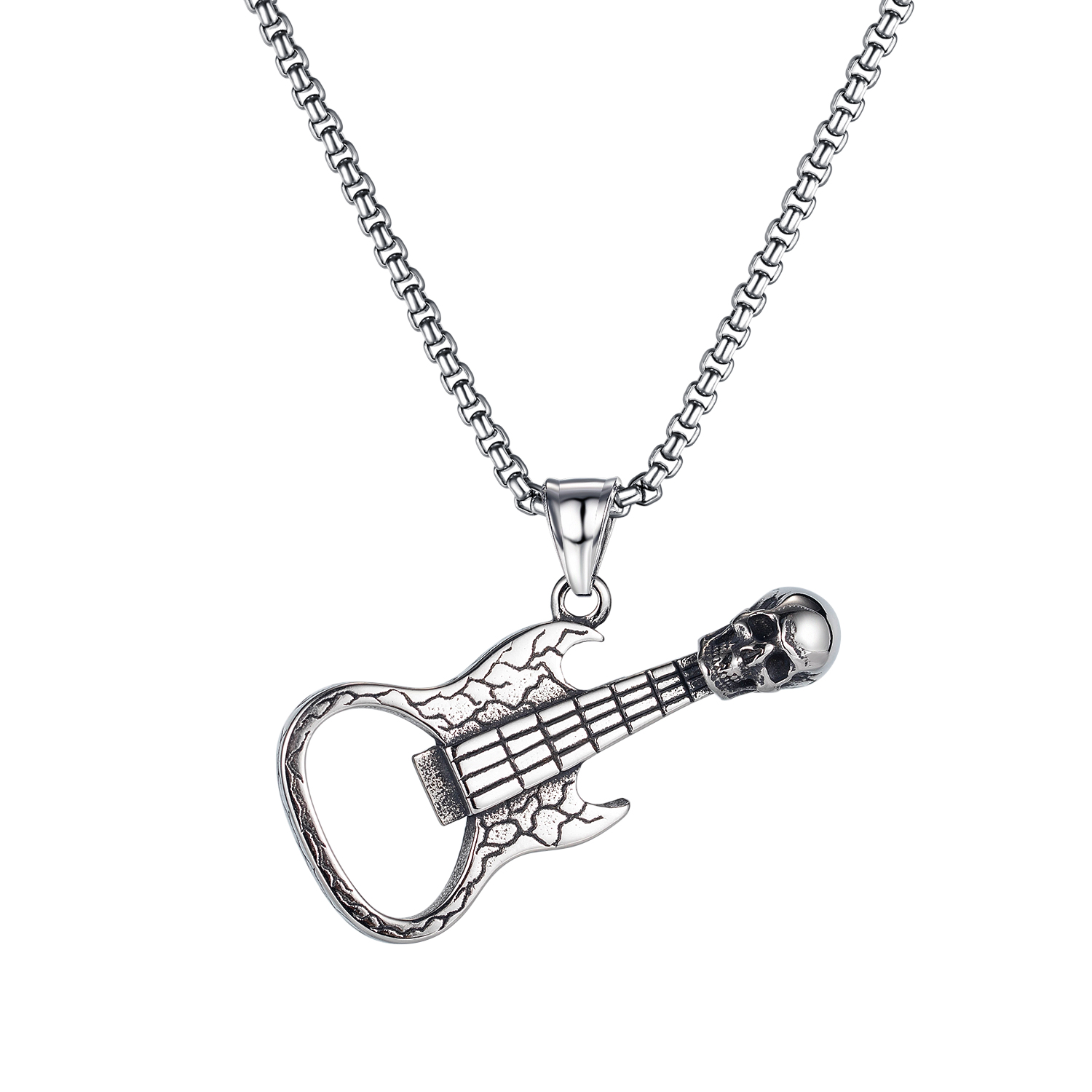 corkscrew necklaces chain pendants for mens sliver stainless steel personalized retro skull guitar jewelry to boys birthday gifts-image-704048641