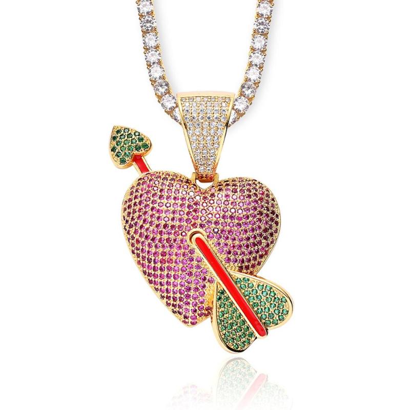 Pendant Necklaces High Quality Cubic Zirconia Micro Pave Arrow Pierced Heart Charm Iced Out Necklace Hiphop Jewelry 2021-image-709030836