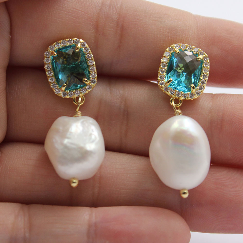 

GuaiGuai Jewelry Natural White Baroque Pearl Blue Square Cat Eye Crystal Earrings