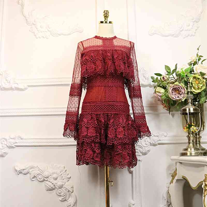

in stock Year Luxury Design Women Sexy Long Sleeve Lace A line Slim Dress Female Party Dresses Vestido 210428, Burgundy