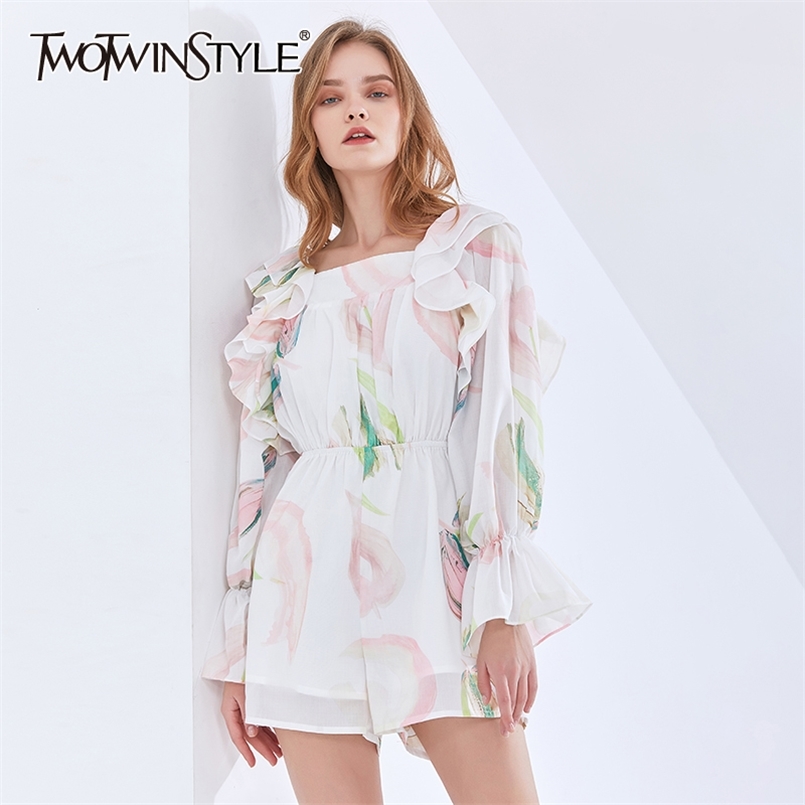 

Print Playsuits For Women Square Collar Ruffled Long Sleeve High Waist Lace Up Hit Color Pants Female Clothing 210521, Aspicture