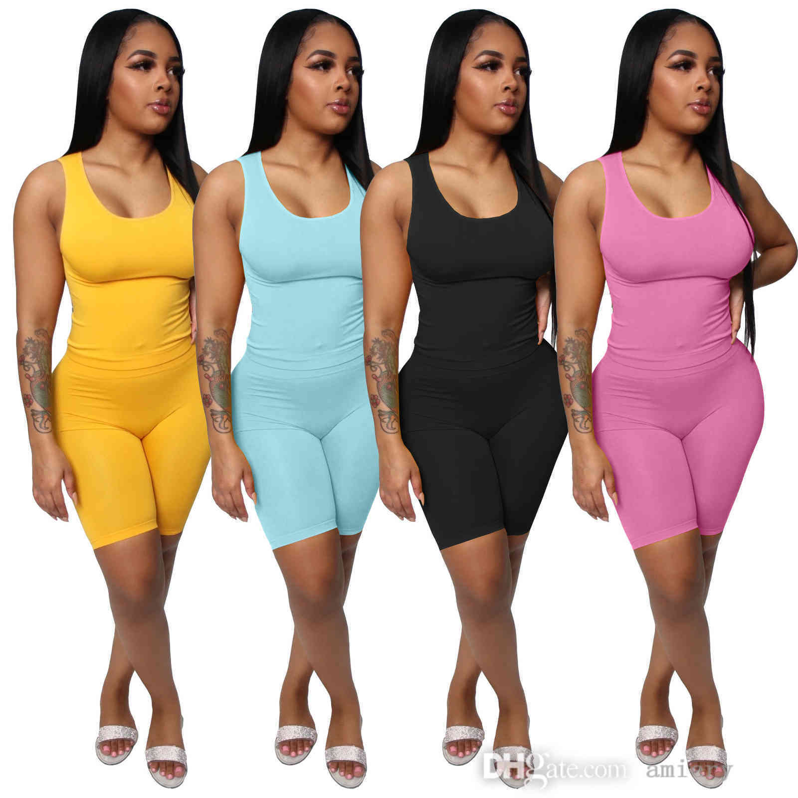 

Womens Sports Tow Pieces Set Summer Casual Vest 2 Piece Shorts Outfits Plus Size Women Clothing S-XXL, Yellow