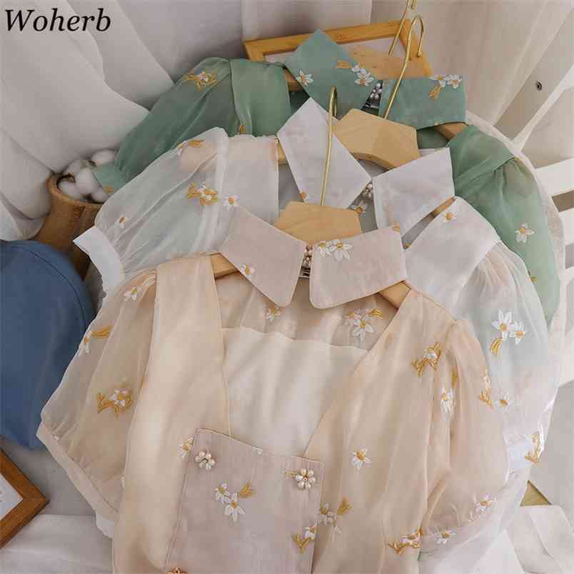 

Korean Puff Sleeve Blouse Beaded Embroidered Double-breasted Hollow Out Blusas Chiffon Shirts Vintage Chic Slim Crop Tops 210519, Green