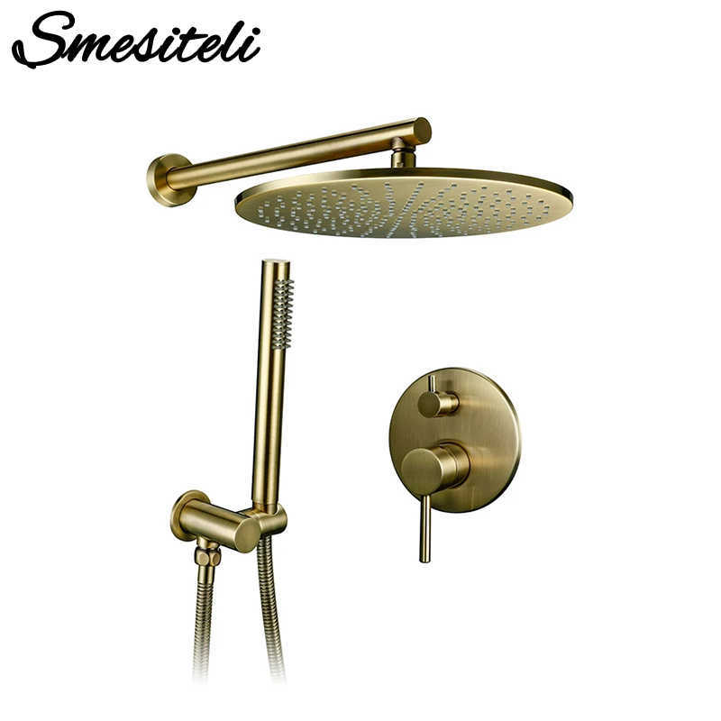 

8/10/12 inch Solid Brass Shower Set Bathroom Round Head Faucet Luxury Gold HandShower Diverter Mixer Golden Handheld Spray Set X0705