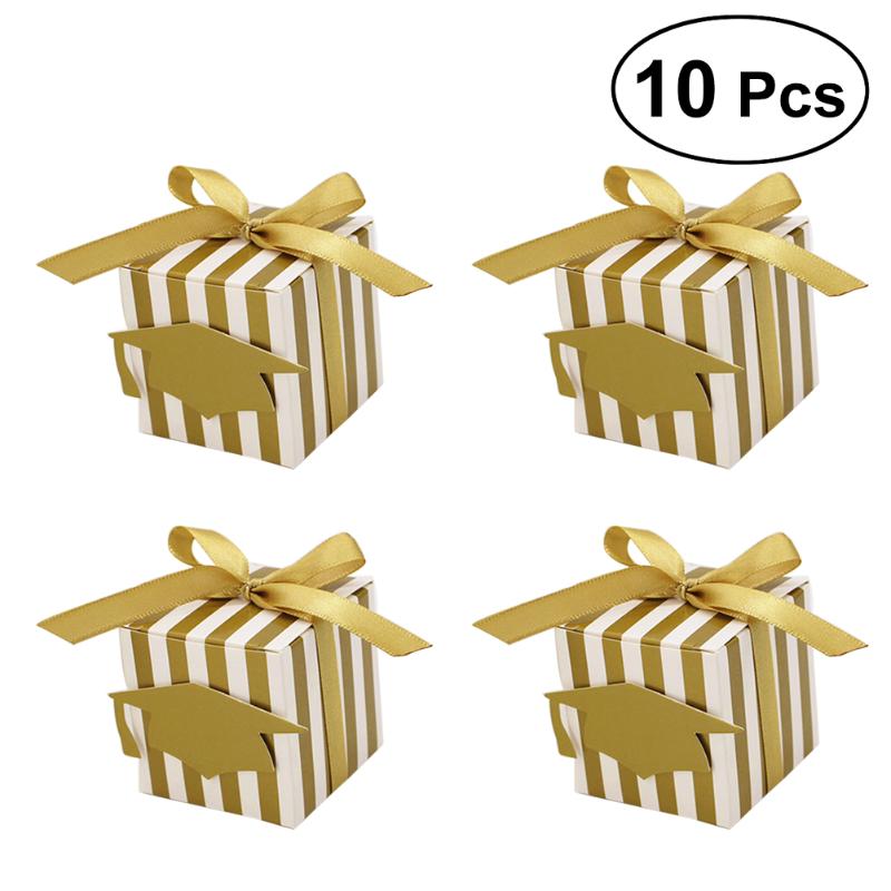 

Greeting Cards 10PCS Stripes Paper Graduation Candy Treat Boxes Gift With Doctoral Tag For Party Favors (Golden)