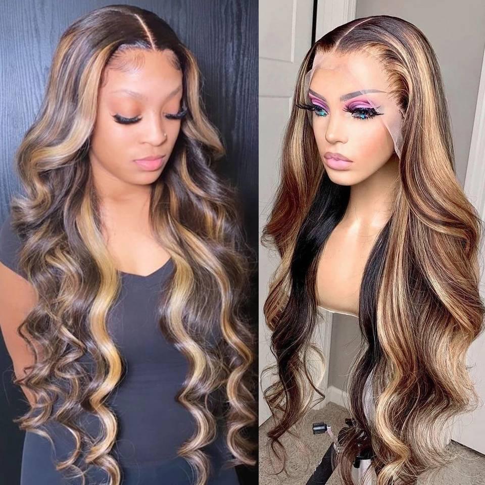 

Lace Front Human Hair Wigs Highlight Brazilian Body Wave Wig Honey Blonde Remy Ombre Frontal Wig for Women 150%density, As the picture shows