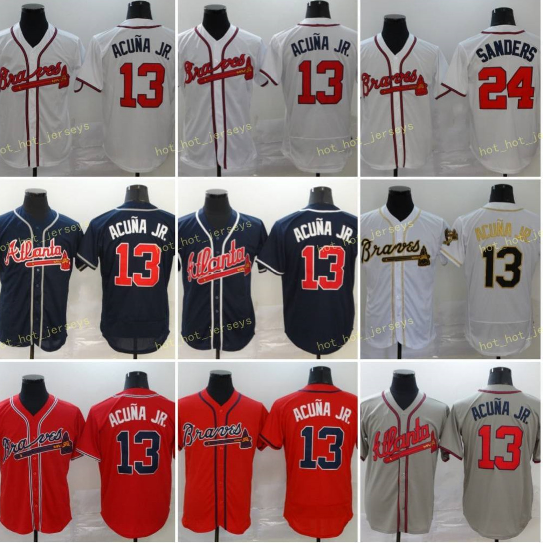 

Mens 13 Ronald Acuna Jr Baseball Jerseys 24 Deion Sanders 44 Hank Aaron Stitched Flexbase Cool Base Team White Red Black Blue Grey, Blue;black