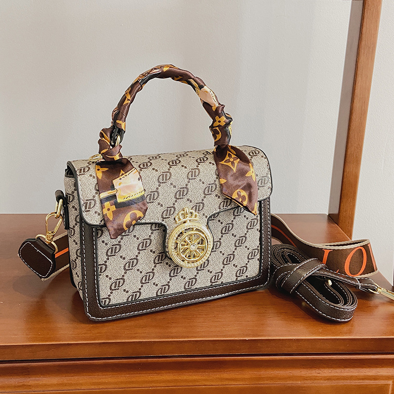 

Wholesale ladies leather shoulder bag elegant letter printed fashion handbags retro exquisite ribbon decorated ladies backpack sweet buckle diamond handbag, Coffee-9059
