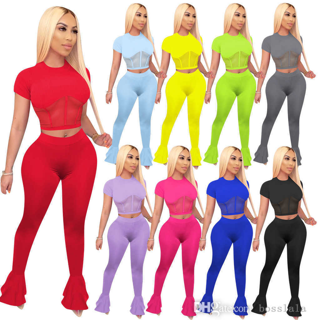 

Adogirl Women Two Piece Outfits Flare Pants Sexy Mesh Style Female Dresses Tight Trousers 2 Pieces Pleated Long Pants Sets 9 Colors, Sapphire