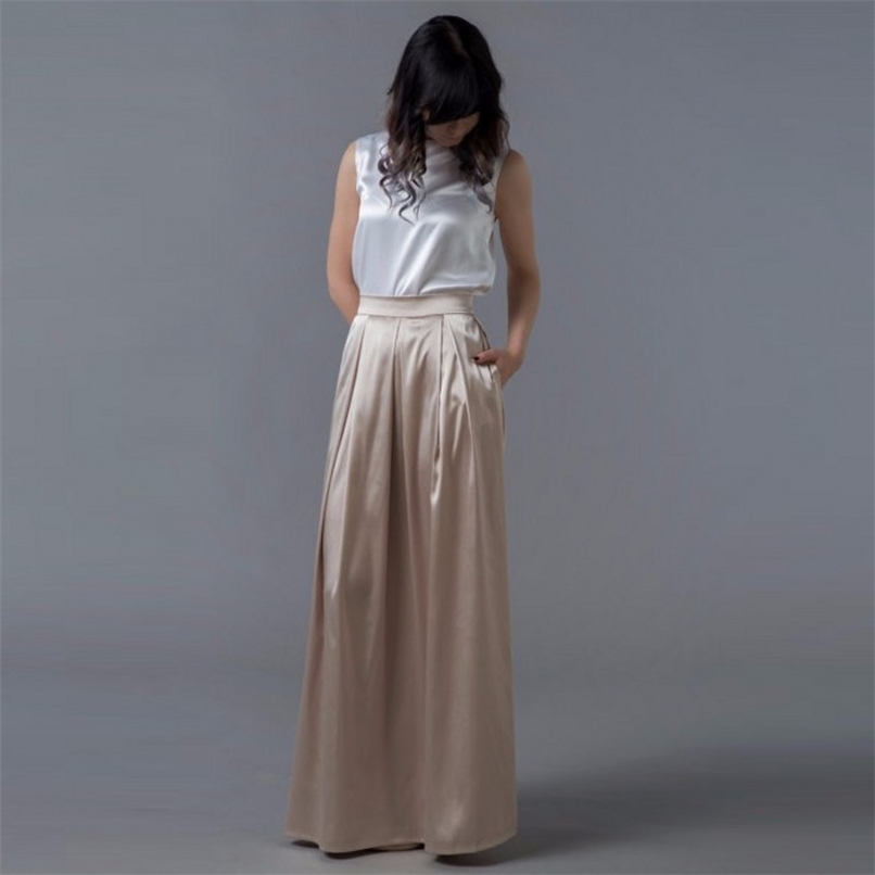 

Champagne Satin Long Skirt with Pockets Smooth Pleated Maxi for Women to Office Floor Length Formal Lady Saia 210527, Gold