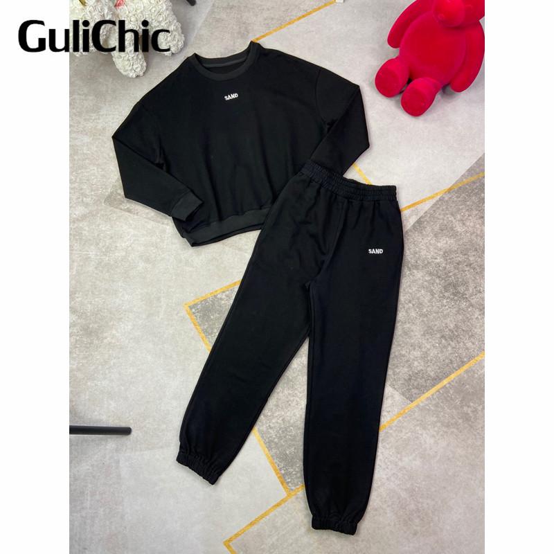 

Women's Two Piece Pants 8.24 GuliChic High Quality Women Fashion Letter Embroidery Cotton Sweatshirt Or Sport Casual Straight 2 Set, White