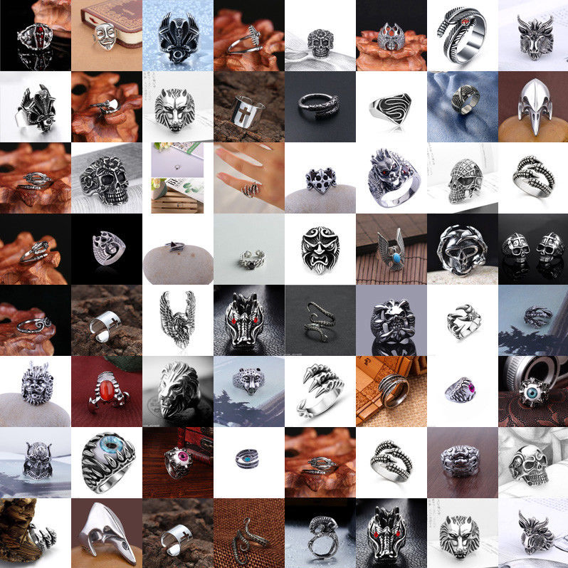 

Wholesale European and American Vinatge Heavy Stainless Steel Gothic Cluster Rings Punk Biker Ring Men Fashion Retro Skull Jewelry Hip Hop G, Golden;silver