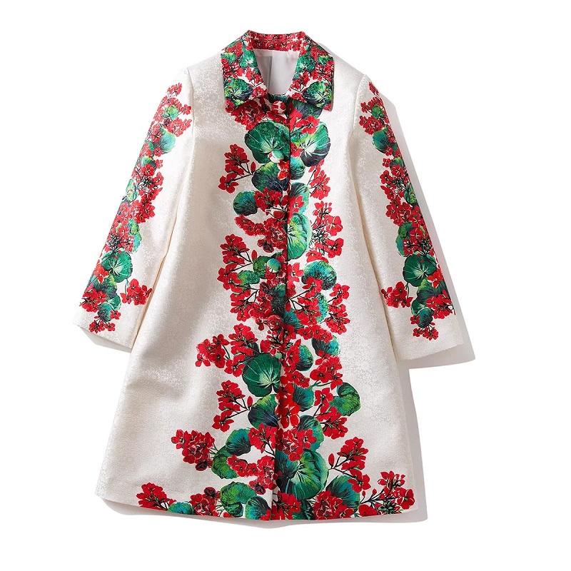 

Women' Trench Coats Casacos Feminino 2021 Autumn Winter Overcoat High Quality Women Turn-down Collar Vintage Jacquard Floral Print Casual W, As pic
