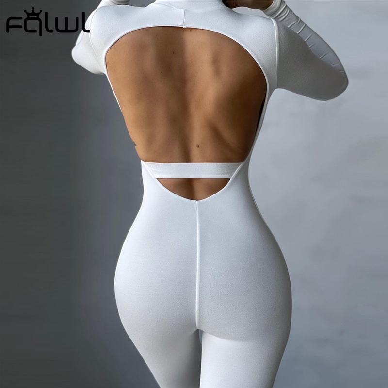 

FQLWL Long Sleeve White Backless Jumpsuit Women Romper One Piece Outfit Ladies Sexy Bodycon Black Brown Jumpsuit Female 2021