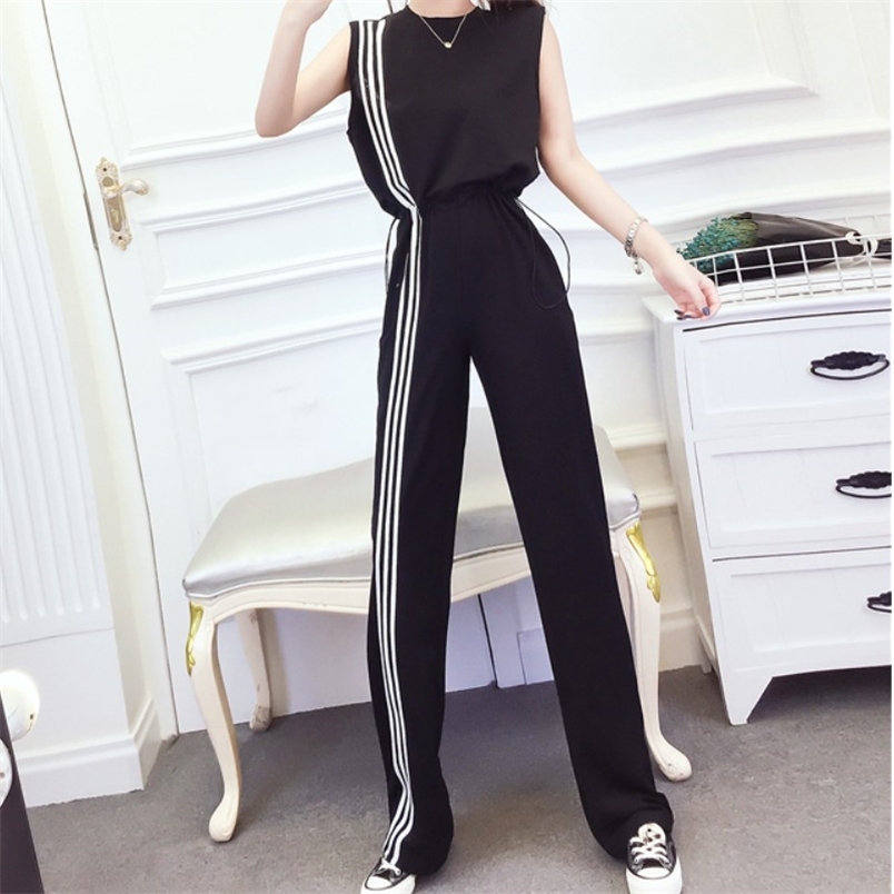 

Summer Casual Women Jumpsuit Fashion Hit Color Striped O-Neck Sleeveless Elastic Waist Female Long Rompers 210519, White