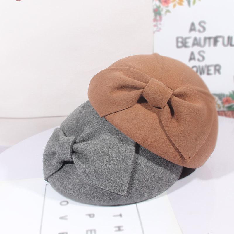 

Berets Wool Beret Autumn Women Small Dome Air Hostess Hat Cloth Cap Restoring Ancient Ways English Japanese Bow Painter, Black
