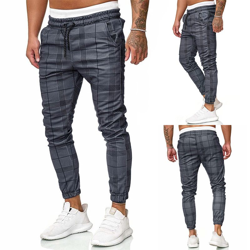 

Cross-border Micro-elastic Plaid Trousers Tide Brand European and American Cotton Sports with Waist and Feet Tie Casual Pants, Black