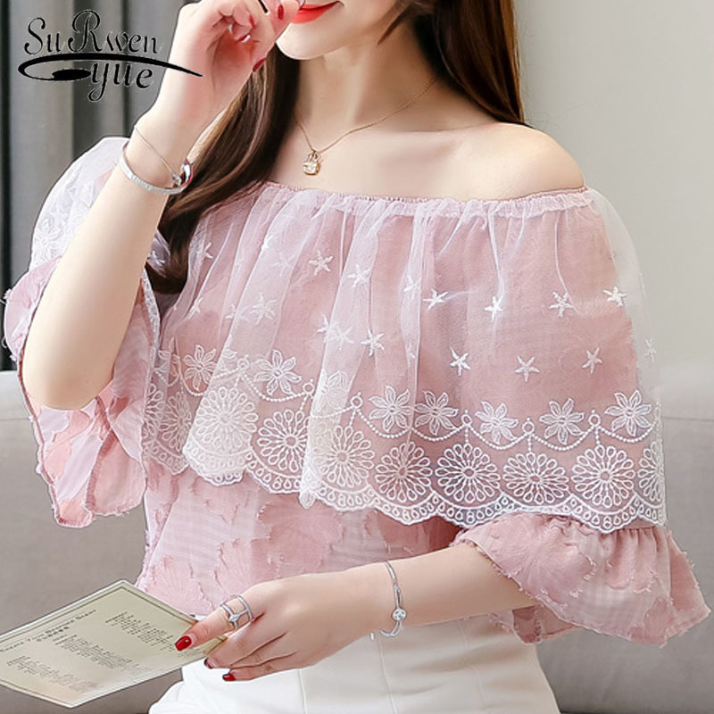 

One shoulder sweet chiffon printing women shirt tops Lace short female fashion summer lace short-sleeve 3549 50 210521, Apricot